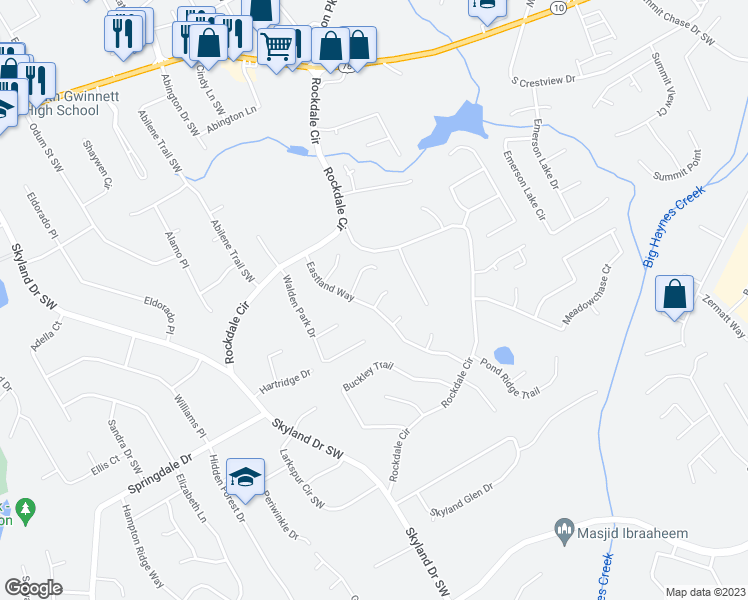map of restaurants, bars, coffee shops, grocery stores, and more near 2031 Marshall Trail in Snellville