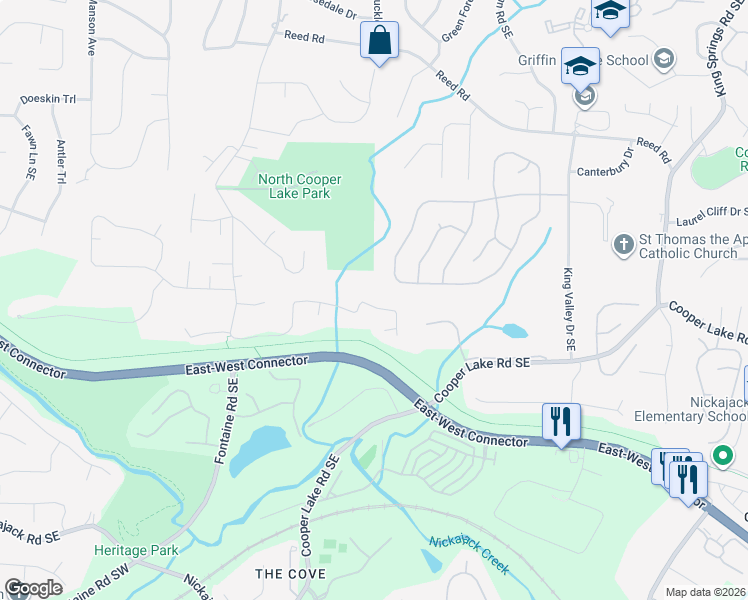 map of restaurants, bars, coffee shops, grocery stores, and more near 4671 Derby Lane in Smyrna