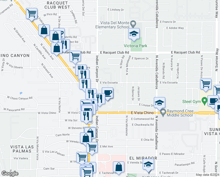 map of restaurants, bars, coffee shops, grocery stores, and more near 2001 North Indian Canyon Drive in Palm Springs
