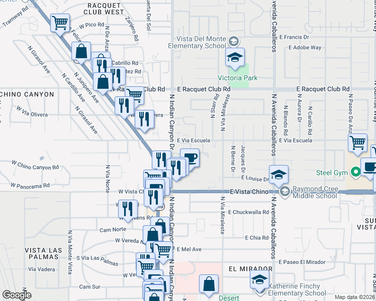 map of restaurants, bars, coffee shops, grocery stores, and more near 2001 North Indian Canyon Drive in Palm Springs