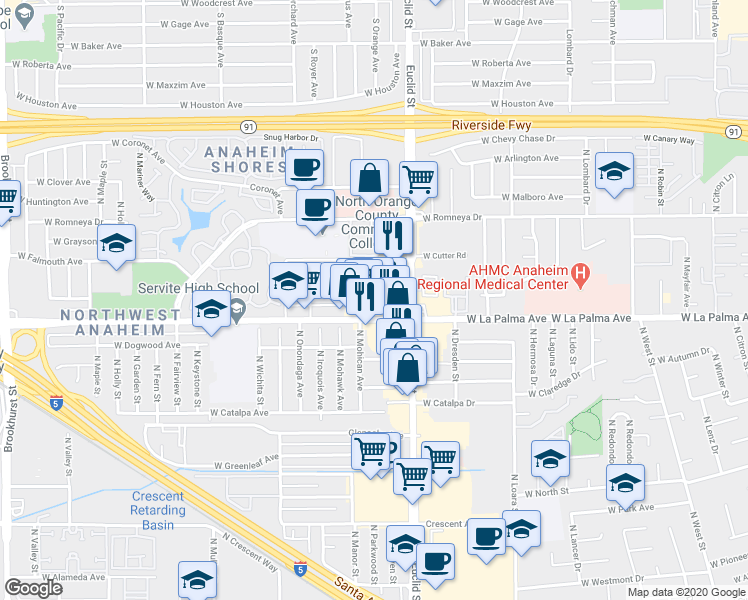 map of restaurants, bars, coffee shops, grocery stores, and more near 1745 West La Palma Avenue in Anaheim