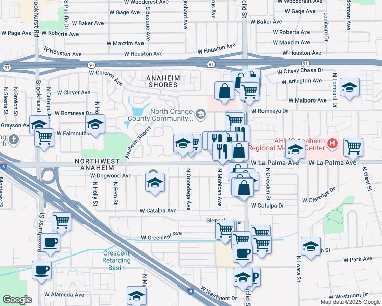 map of restaurants, bars, coffee shops, grocery stores, and more near 1831 West La Palma Avenue in Anaheim