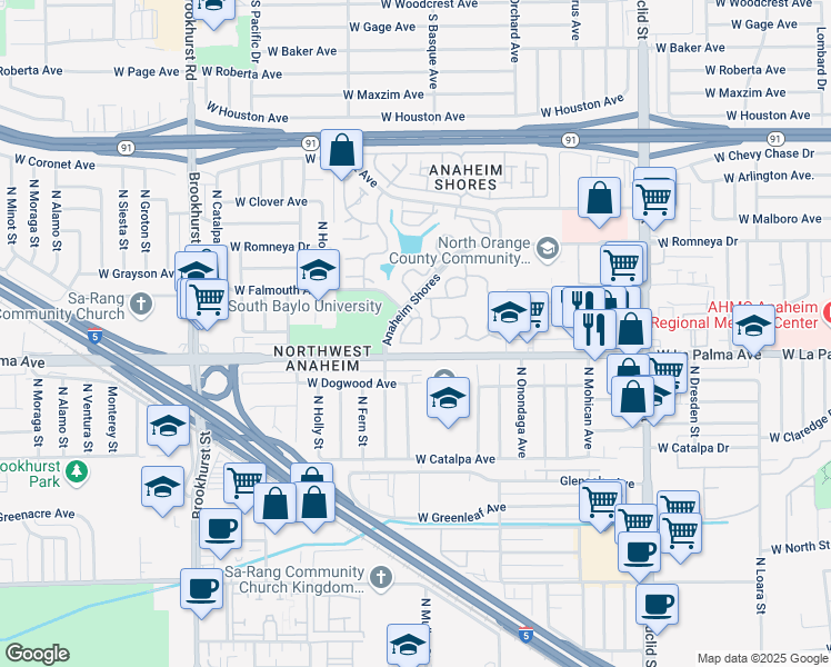 map of restaurants, bars, coffee shops, grocery stores, and more near 1829 West Falmouth Avenue in Anaheim