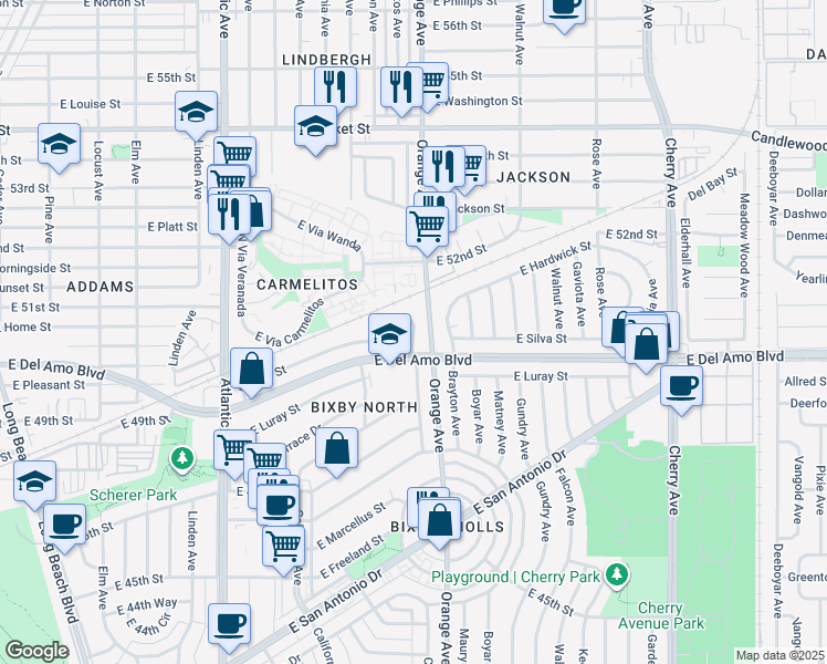 map of restaurants, bars, coffee shops, grocery stores, and more near in Long Beach