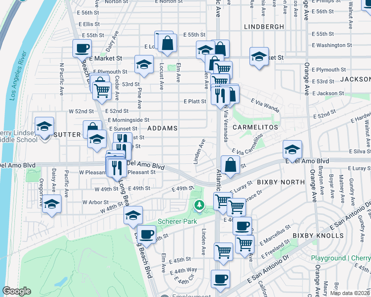 map of restaurants, bars, coffee shops, grocery stores, and more near 417 East Plenty Street in Long Beach
