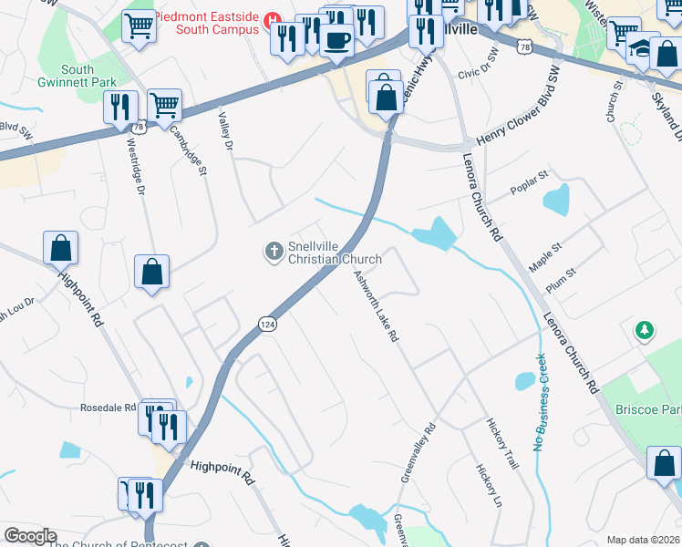 map of restaurants, bars, coffee shops, grocery stores, and more near 2462 Scenic Highway South in Snellville