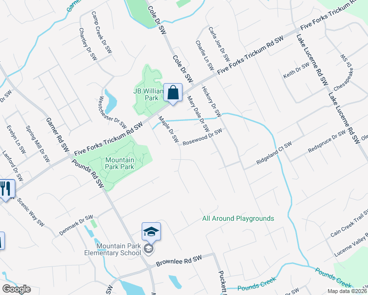 map of restaurants, bars, coffee shops, grocery stores, and more near 1304 Maple Drive Southwest in Lilburn