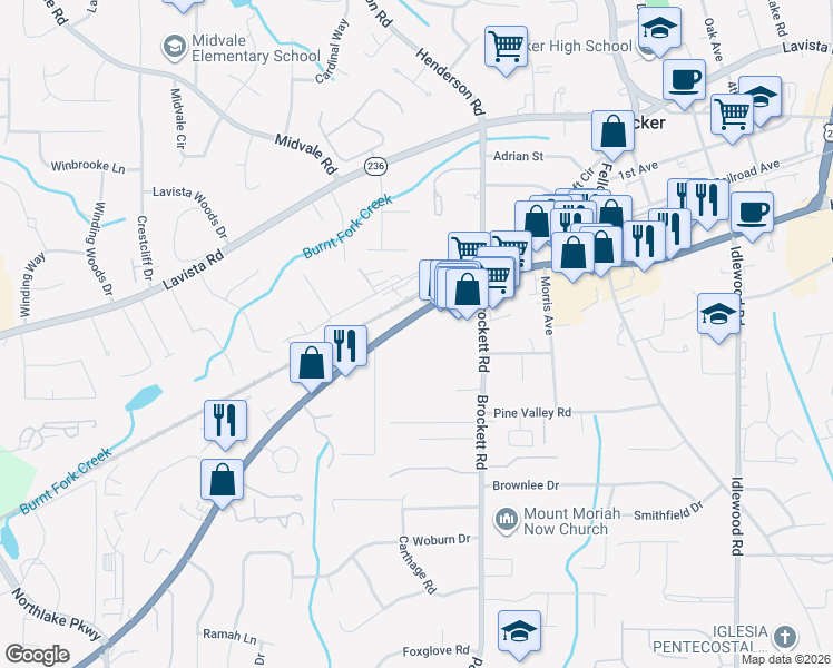 map of restaurants, bars, coffee shops, grocery stores, and more near 3797 Lawrenceville Highway in Tucker