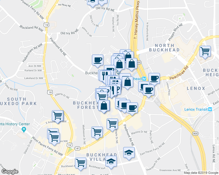 map of restaurants, bars, coffee shops, grocery stores, and more near 3432 Piedmont Road Northeast in Atlanta