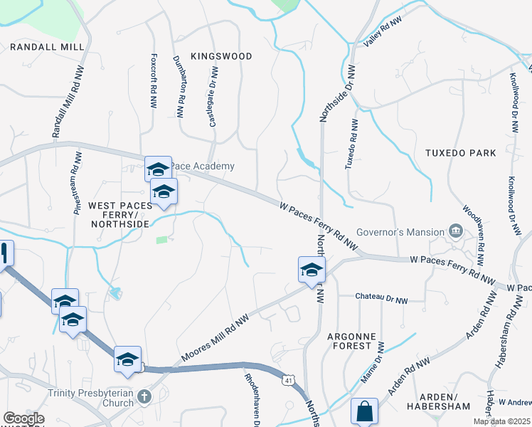 map of restaurants, bars, coffee shops, grocery stores, and more near 700 West Paces Ferry Road Northwest in Atlanta