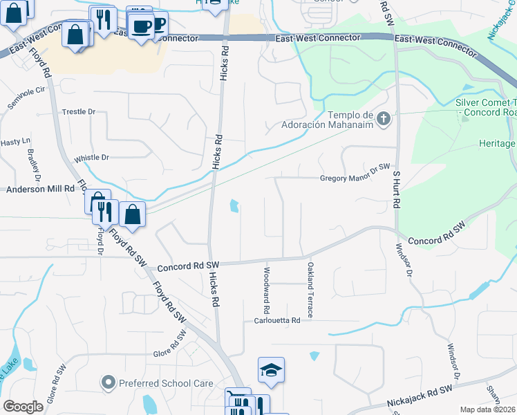 map of restaurants, bars, coffee shops, grocery stores, and more near 4370 Conwhey Court Southwest in Smyrna