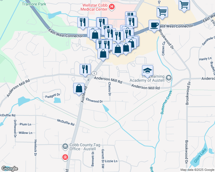 map of restaurants, bars, coffee shops, grocery stores, and more near 1748 Orange Grove Place in Austell