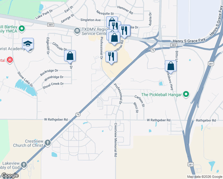 map of restaurants, bars, coffee shops, grocery stores, and more near 5300 Professional Drive in Wichita Falls