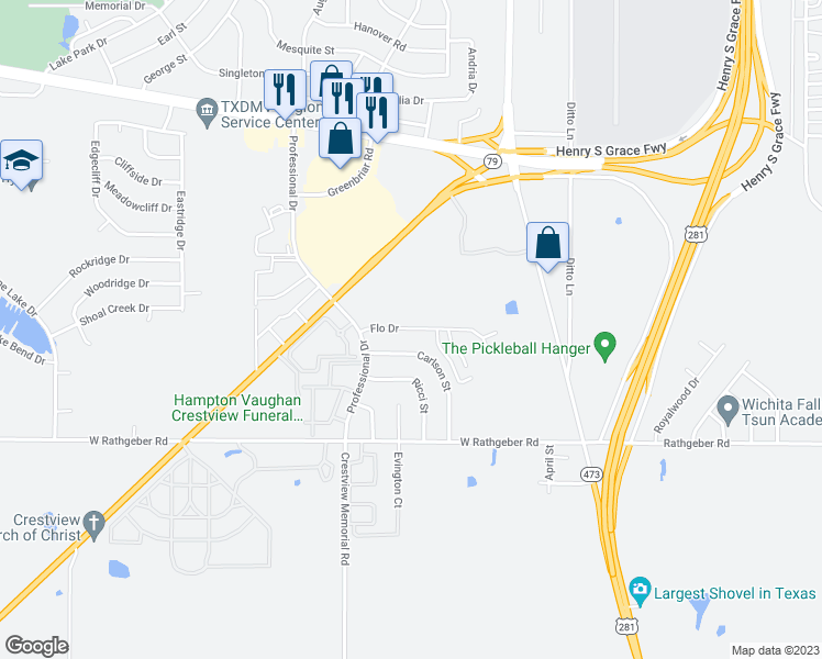 map of restaurants, bars, coffee shops, grocery stores, and more near 5419 Flo Drive in Wichita Falls