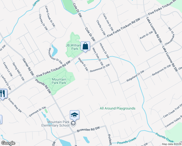 map of restaurants, bars, coffee shops, grocery stores, and more near 1304 Maple Drive Southwest in Lilburn
