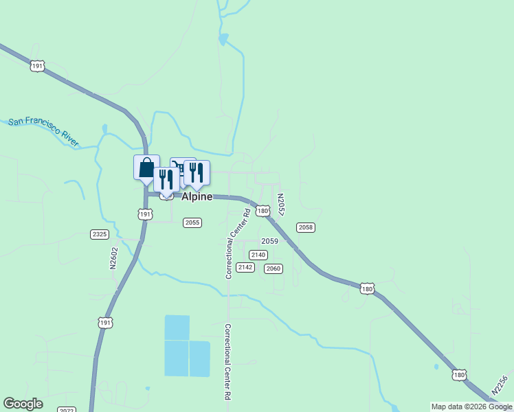 map of restaurants, bars, coffee shops, grocery stores, and more near U.S. 180 in Alpine