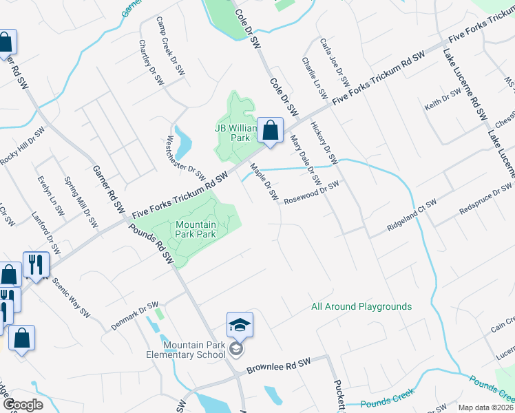 map of restaurants, bars, coffee shops, grocery stores, and more near 1286 Sycamore Drive Southwest in Lilburn