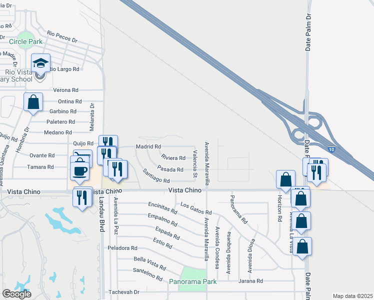map of restaurants, bars, coffee shops, grocery stores, and more near 68420 Riviera Road in Cathedral City