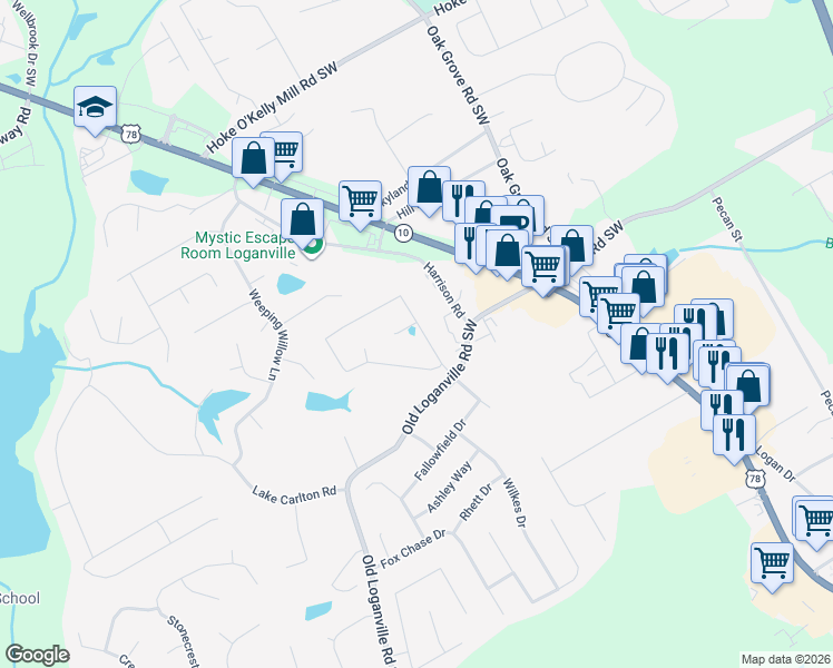 map of restaurants, bars, coffee shops, grocery stores, and more near 514 Ashton Manor Drive in Loganville