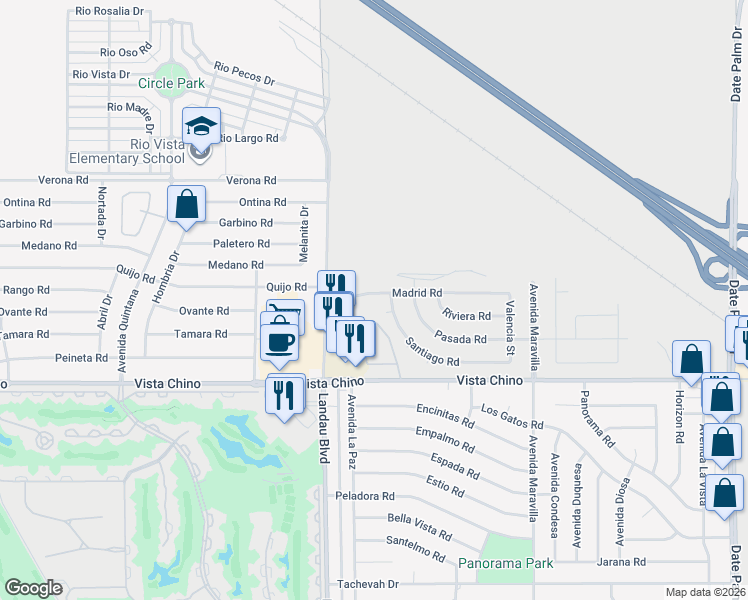 map of restaurants, bars, coffee shops, grocery stores, and more near 68166 Seville Court in Cathedral City