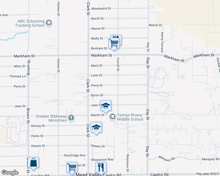 map of restaurants, bars, coffee shops, grocery stores, and more near 2 Perry Street in Perris