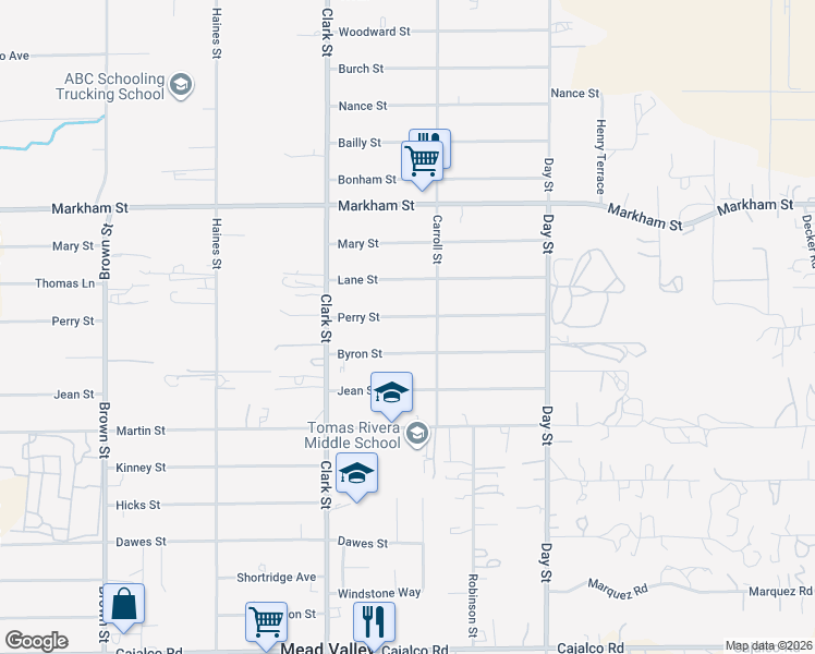 map of restaurants, bars, coffee shops, grocery stores, and more near 21640 Byron Street in Perris