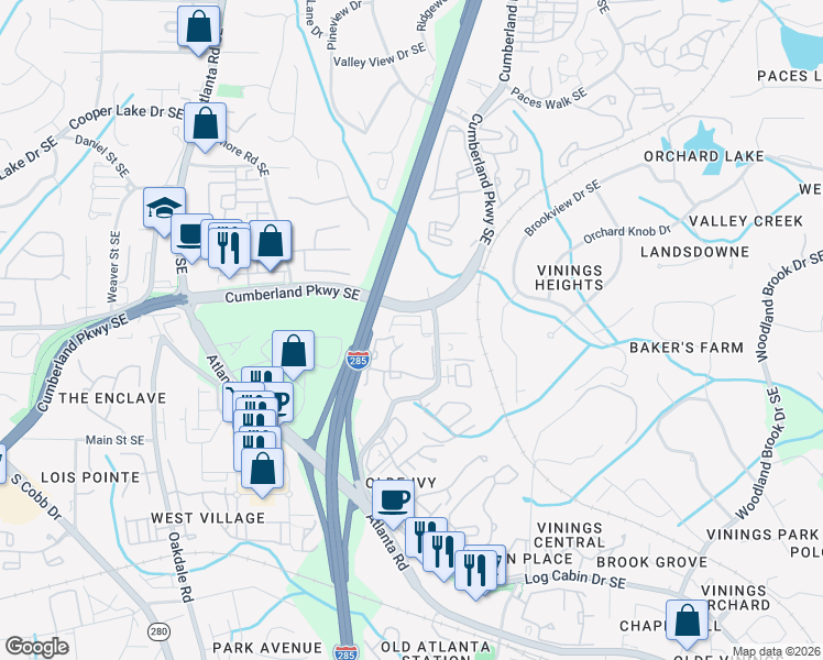 map of restaurants, bars, coffee shops, grocery stores, and more near 2282 Emerald Sky Drive in Smyrna