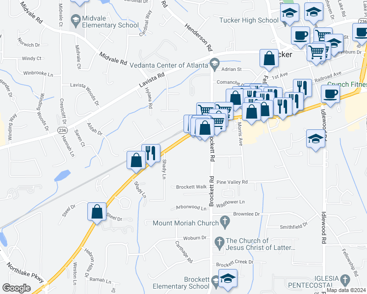 map of restaurants, bars, coffee shops, grocery stores, and more near 3797 Lawrenceville Highway in Tucker