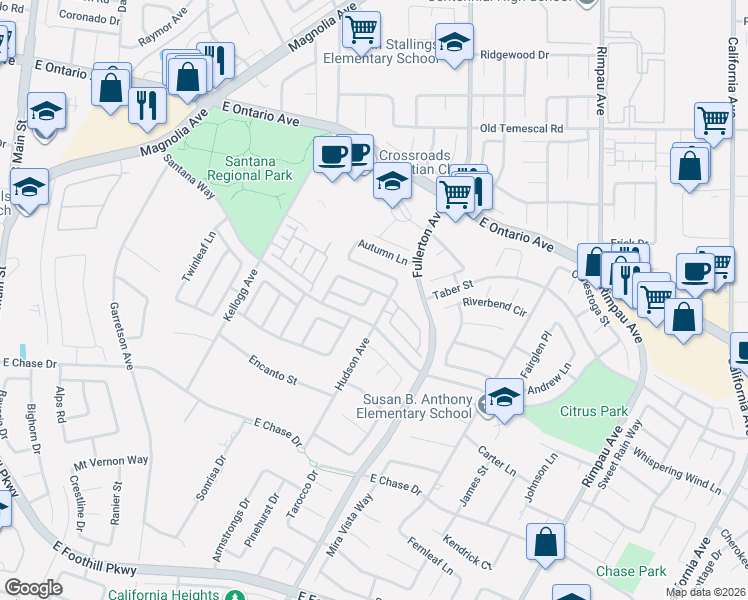 map of restaurants, bars, coffee shops, grocery stores, and more near 2525 Ash Street in Corona
