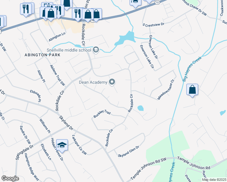 map of restaurants, bars, coffee shops, grocery stores, and more near 2975 Flintrock Way in Snellville