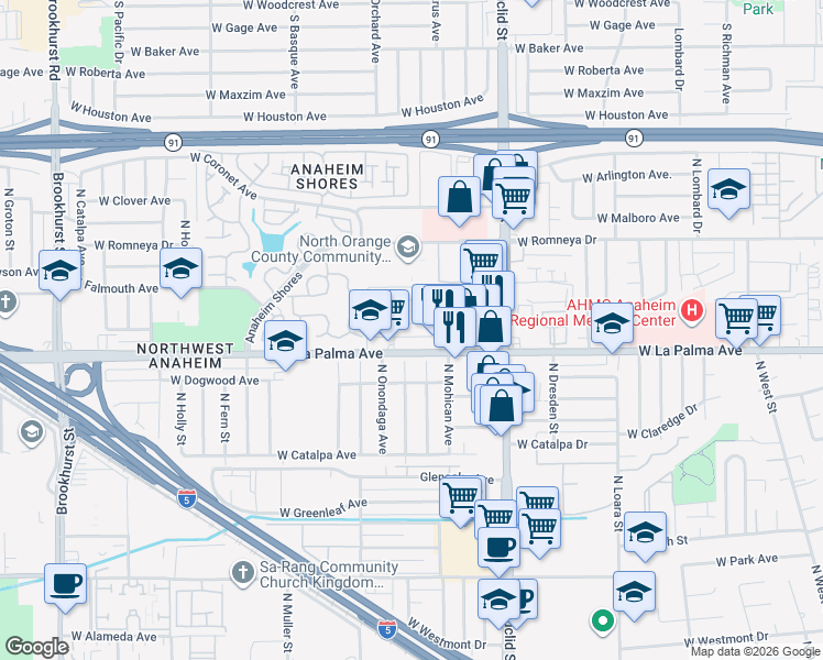 map of restaurants, bars, coffee shops, grocery stores, and more near 1777 West La Palma Avenue in Anaheim