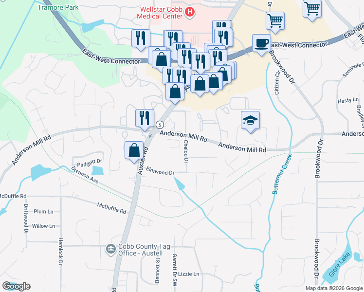 map of restaurants, bars, coffee shops, grocery stores, and more near 1766 Orange Grove Place in Austell