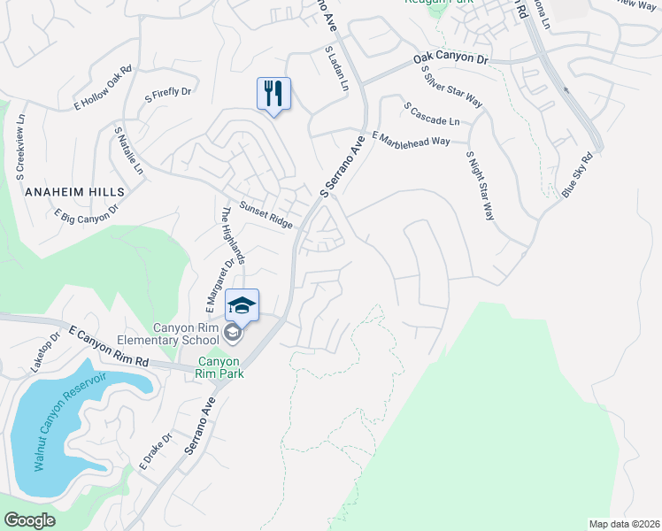 map of restaurants, bars, coffee shops, grocery stores, and more near 8071 East Desert Pine Drive in Anaheim