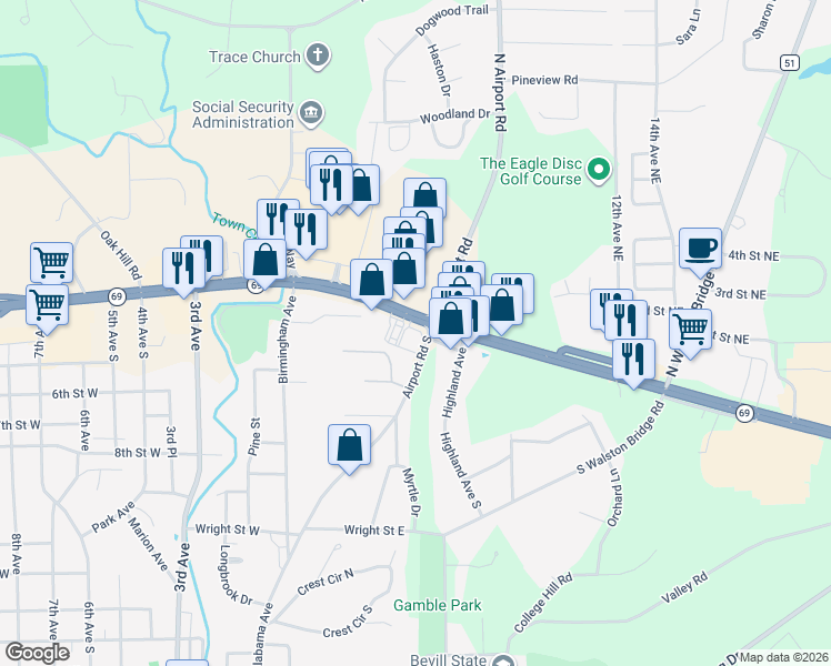 map of restaurants, bars, coffee shops, grocery stores, and more near 5501 Highway 78 in Jasper