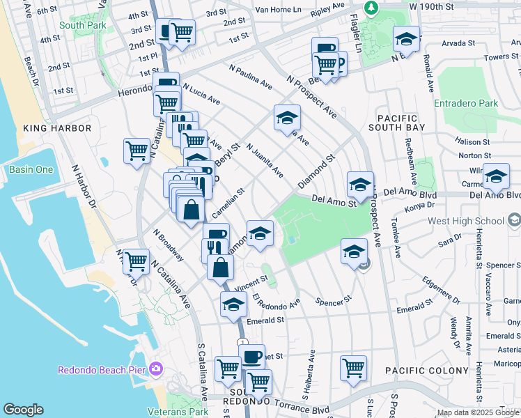 map of restaurants, bars, coffee shops, grocery stores, and more near 506 North Helberta Avenue in Redondo Beach