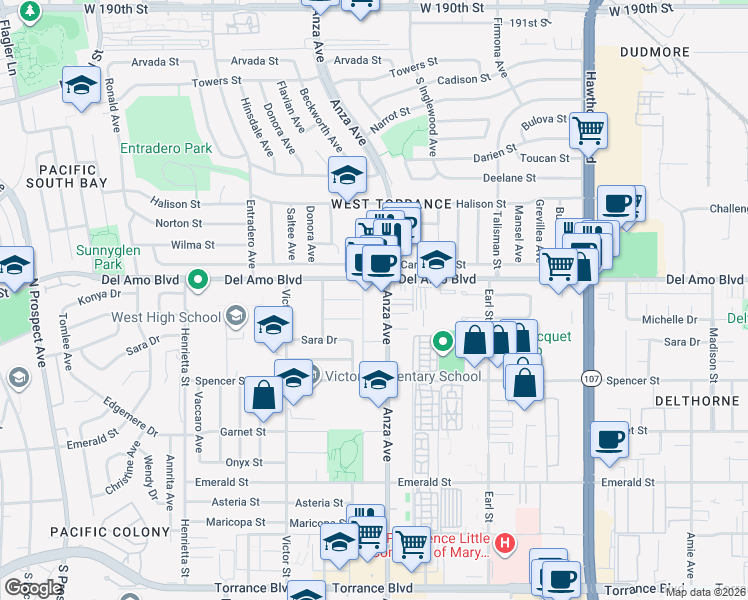 map of restaurants, bars, coffee shops, grocery stores, and more near 20331 Anza Avenue in Torrance
