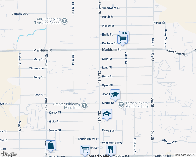 map of restaurants, bars, coffee shops, grocery stores, and more near 18759 Clark Street in Perris