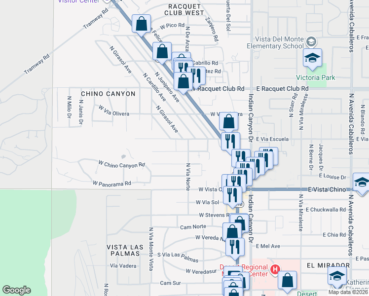 map of restaurants, bars, coffee shops, grocery stores, and more near 421 West Mariscal Road in Palm Springs