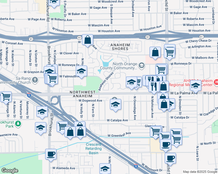 map of restaurants, bars, coffee shops, grocery stores, and more near 1861 West Falmouth Avenue in Anaheim