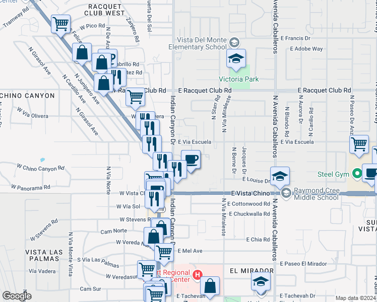map of restaurants, bars, coffee shops, grocery stores, and more near 181 The Riv in Palm Springs