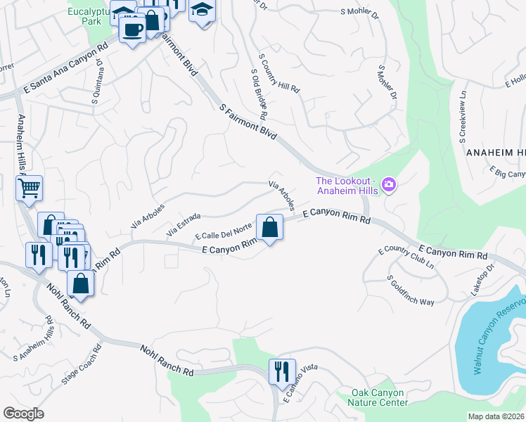 map of restaurants, bars, coffee shops, grocery stores, and more near 6549 East Calle Del Norte in Anaheim