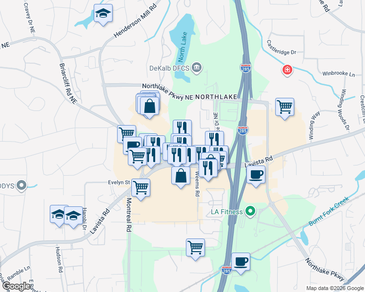 map of restaurants, bars, coffee shops, grocery stores, and more near 2200 Ranchwood Drive Northeast in Atlanta
