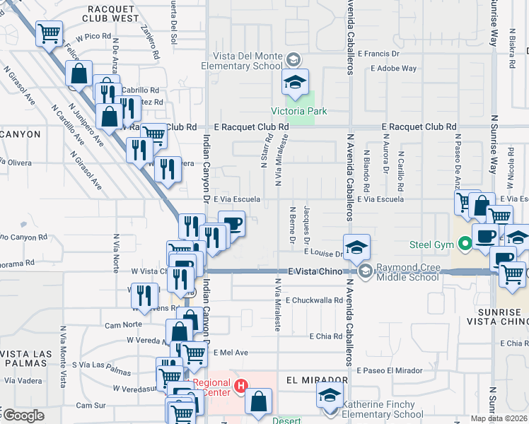 map of restaurants, bars, coffee shops, grocery stores, and more near in Palm Springs