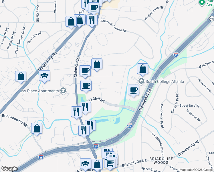 map of restaurants, bars, coffee shops, grocery stores, and more near 1740 Century Circle Northeast in Atlanta