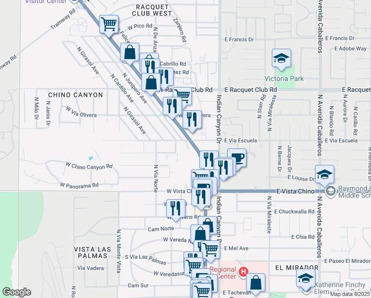 map of restaurants, bars, coffee shops, grocery stores, and more near 2045 Tangerine Court in Palm Springs