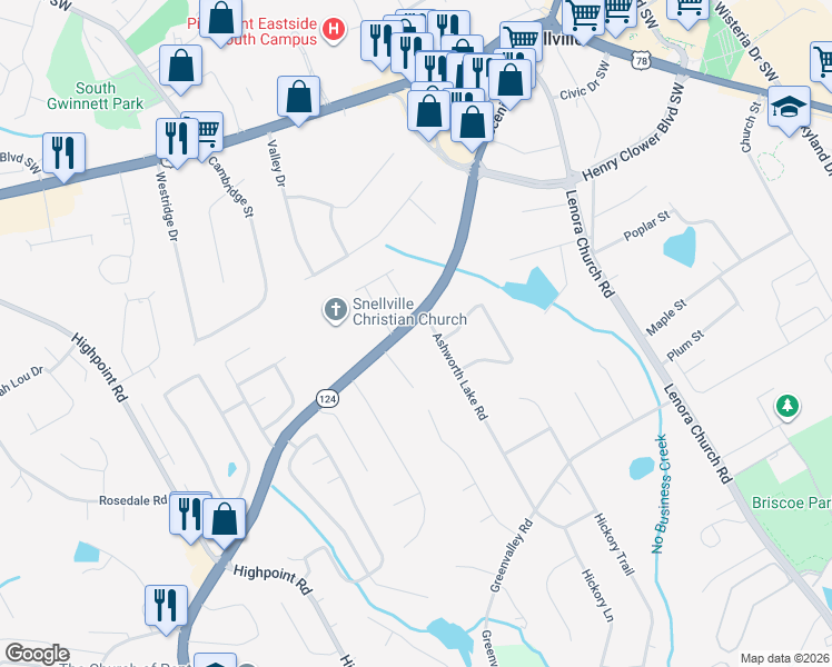 map of restaurants, bars, coffee shops, grocery stores, and more near 2462 Scenic Highway South in Snellville