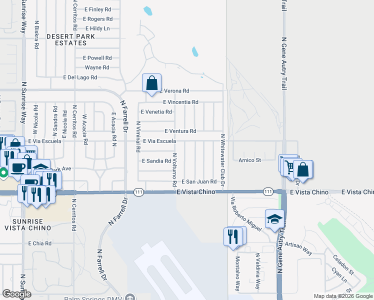 map of restaurants, bars, coffee shops, grocery stores, and more near 2050 North San Gorgonio Road in Palm Springs