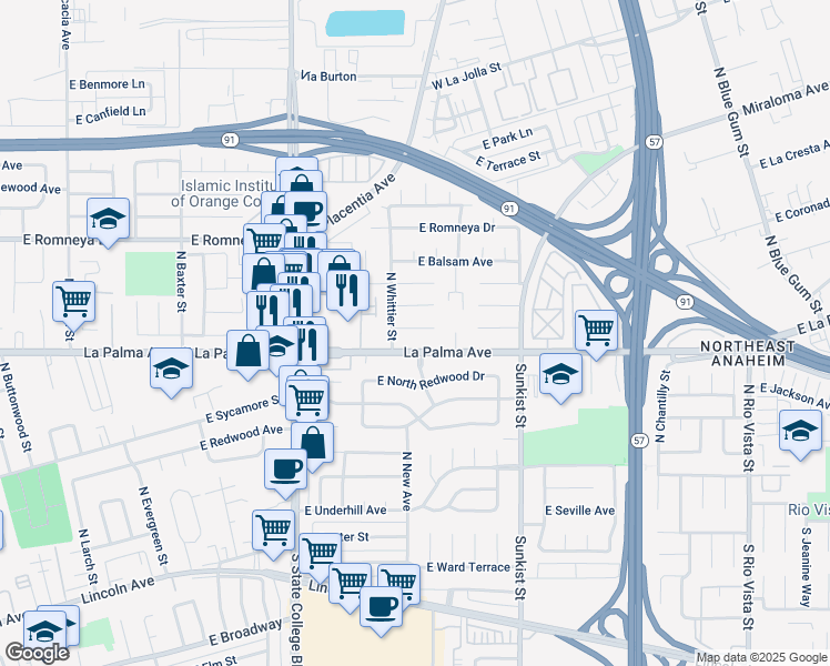 map of restaurants, bars, coffee shops, grocery stores, and more near 2246 East Belmont Place in Anaheim
