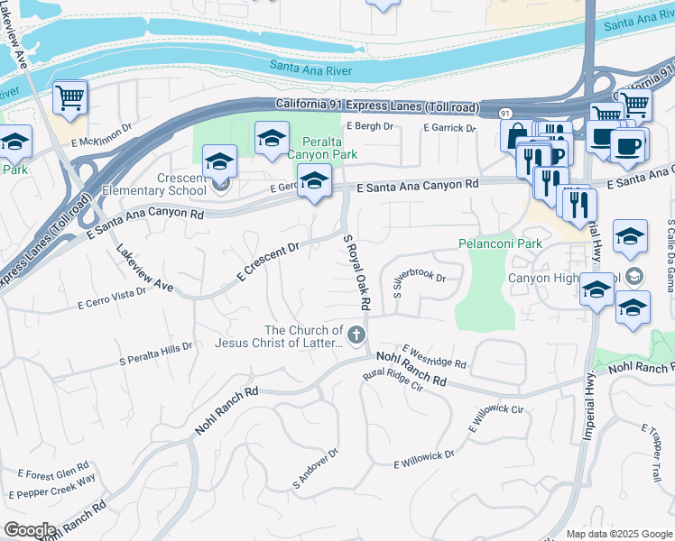 map of restaurants, bars, coffee shops, grocery stores, and more near 5227 East Fern Haven Lane in Anaheim