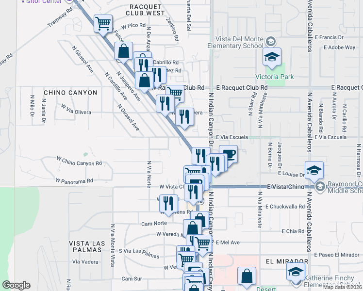 map of restaurants, bars, coffee shops, grocery stores, and more near 2045 Tangerine Court in Palm Springs